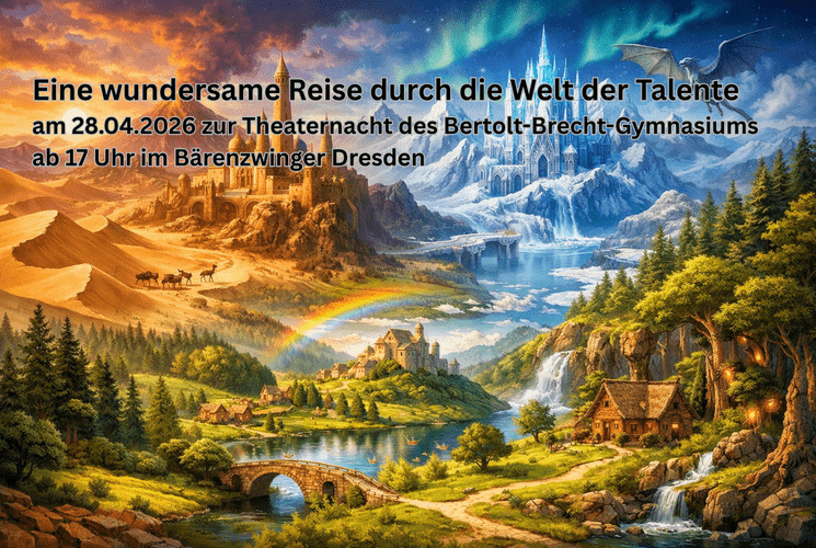 KI generiert: Das Bild zeigt eine farbenfrohe, fantasievolle Landschaft mit prächtigen Burgen, einem Regenbogen und dramatischen Bergen unter einem Sternenhimmel. Darüber hinaus informiert es über eine Veranstaltung am Bertolt-Brecht-Gymnasium.