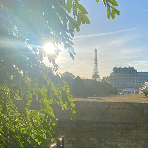 KI generiert: Das Bild zeigt den Eiffelturm im Hintergrund, umgeben von einigen Gebäuden und einem Park, während die Sonne von links durch die Bäume scheint. Der Hauptinhalt ist die malerische Ansicht von Paris bei Tageslicht mit einem Fokus auf urbaner Architektur und Natur.