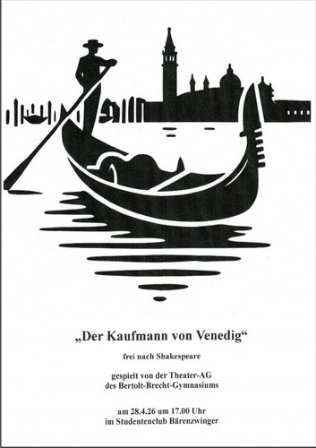 KI generiert: Das Bild zeigt eine stilisierte Gondel auf einem Kanal mit der Skyline von Venedig im Hintergrund. Es ist ein Poster für eine Aufführung von "Der Kaufmann von Venedig" durch die Theater-AG des Bertolt-Brecht-Gymnasiums.