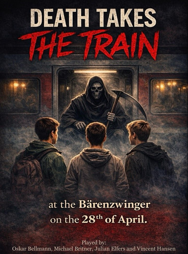 KI generiert: Das Bild zeigt ein Film- oder Theaterplakat mit dem Titel "Death Takes The Train" und einem unheimlichen Sensenmann, der in einem Zug sitzt und drei Personen gegenübersteht. Das Event findet am 28. April im Bärenzwinger statt.