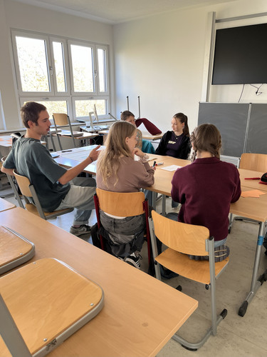 KI generiert: Eine Gruppe von sechs Personen sitzt in einem Klassenzimmer um einen Tisch und arbeitet gemeinsam an einem Projekt oder diskutiert. Im Hintergrund sind eine Tafel und ein großer Bildschirm sichtbar.