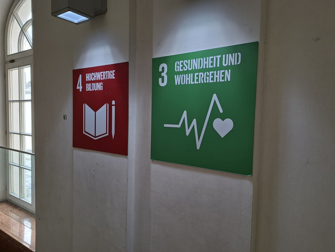 KI generiert: Das Bild zeigt zwei Wandtafeln mit Symbolik für die Themen „Hochwertige Bildung“ und „Gesundheit und Wohlergehen“, die durch eine offene Tür beleuchtet werden. Jede Tafel repräsentiert ein spezifisches nachhaltiges Entwicklungsziel.