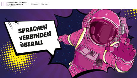 KI generiert: Das Bild zeigt einen Astronauten in einem Comic-Stil, der in einer Sprechblase die Worte "Sprachen verbinden überall" präsentiert. Der Hintergrund ist bunt und dynamisch gestaltet.